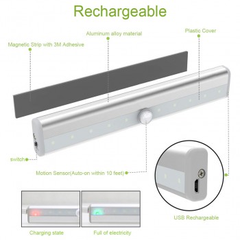 PIR Under Cabinet Light USB Rechargeable Motion Sensor Closet Lights Wireless Magnetic Stick-On Cordless 10 LED Night Light Bar