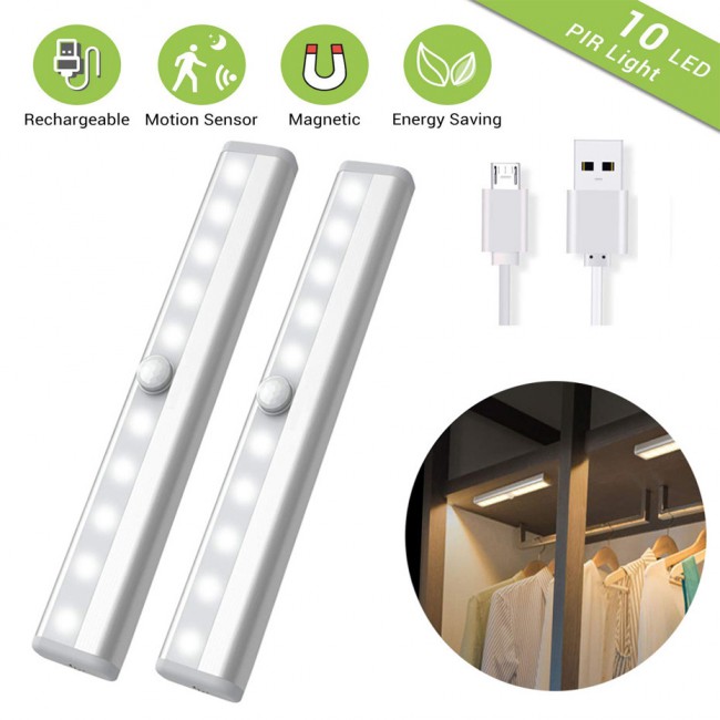 PIR Under Cabinet Light USB Rechargeable Motion Sensor Closet Lights Wireless Magnetic Stick-On Cordless 10 LED Night Light Bar