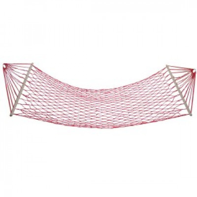Red mesh hammock with wooden bar