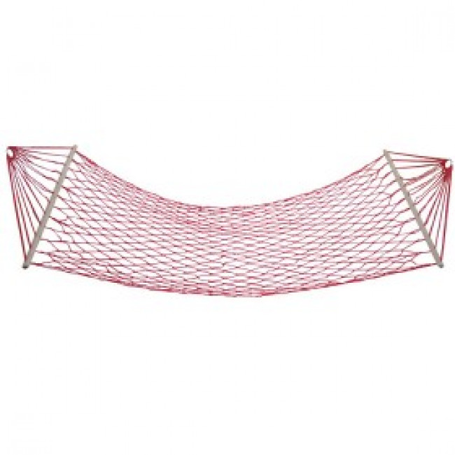 Red mesh hammock with wooden bar