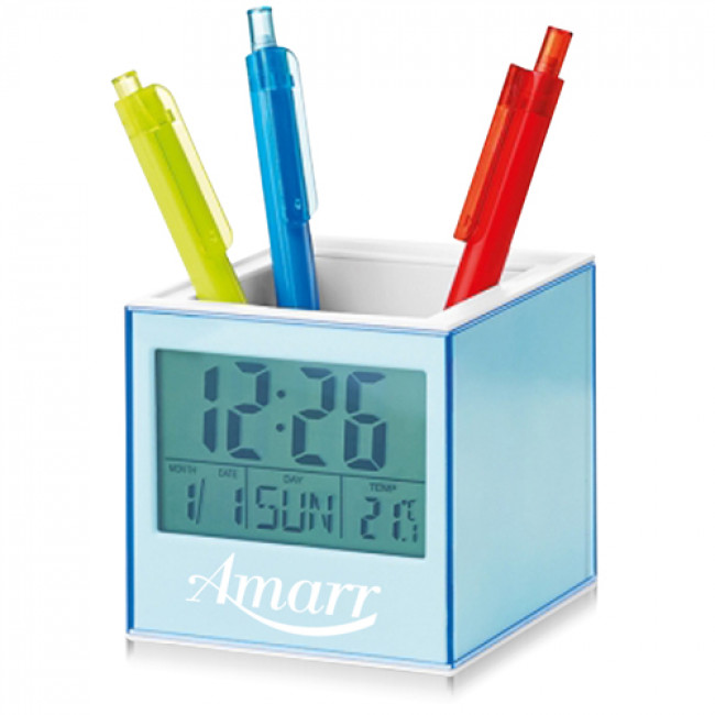Square Transparent Desk Pen Holder Clock